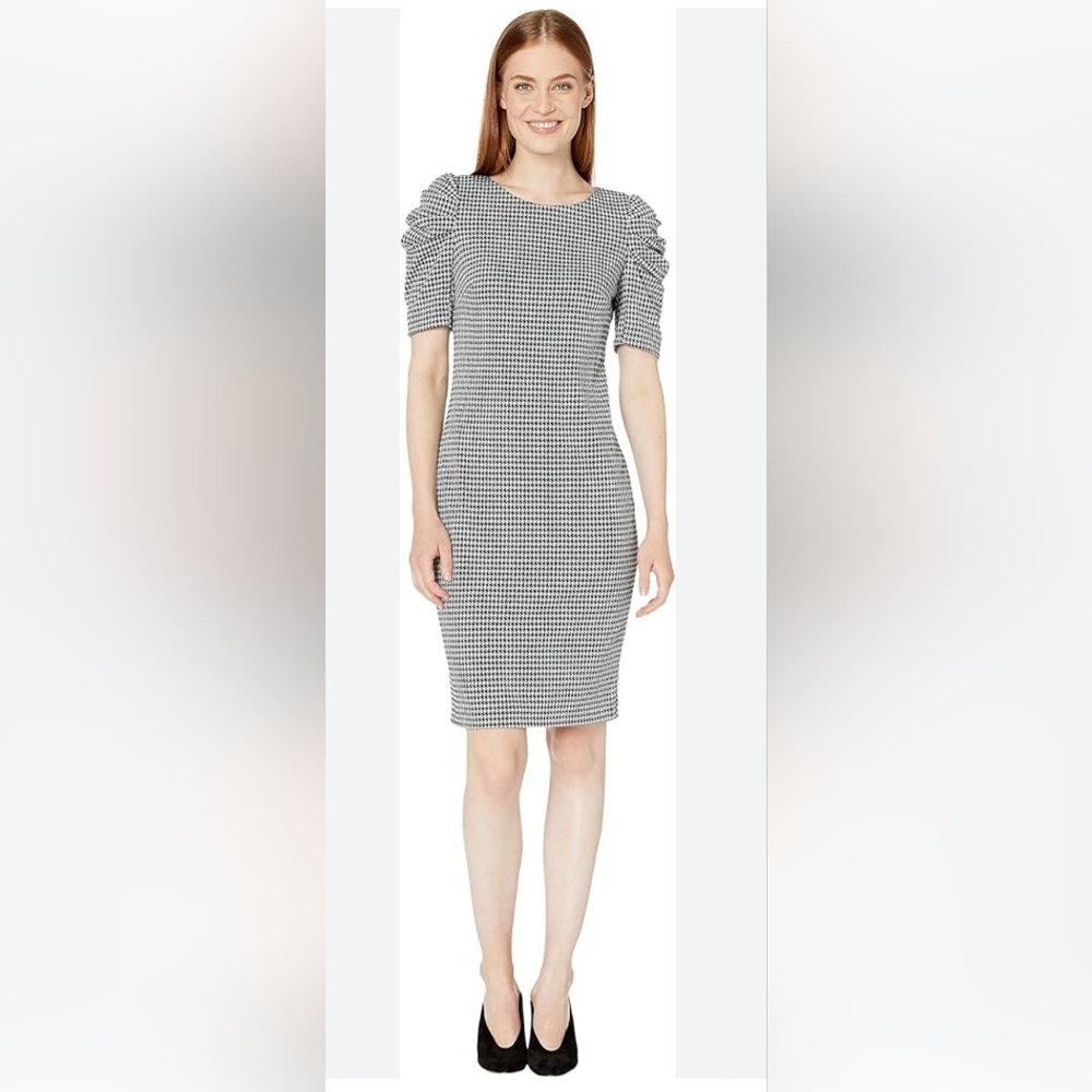 Cavin Klein Gingham Ruffle Puff Sleeve Black & White Vneck Midi Dress‎ 16